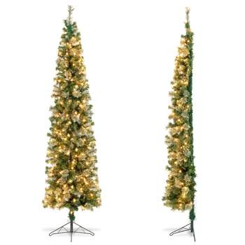 Tangkula 7FT Pre-lit Half-Shape Christmas Tree Artificial Xmas Tree w/ Pine Needles Seasonal Decor tree w/403 Branch Tips & 150 Warm White Lights