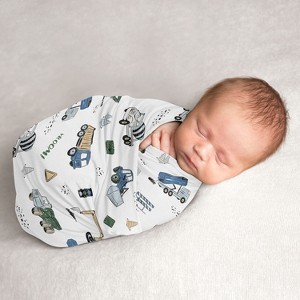Sweet Jojo Designs Boy Swaddle Baby Blanket Construction Truck Green Blue and White - 1 of 4
