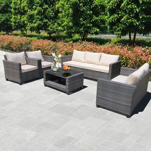 5-Piece Patio Wicker Conversation Sofa Set with Coffee Table,Rattan Sofa Chair with Cushion - 1 of 4