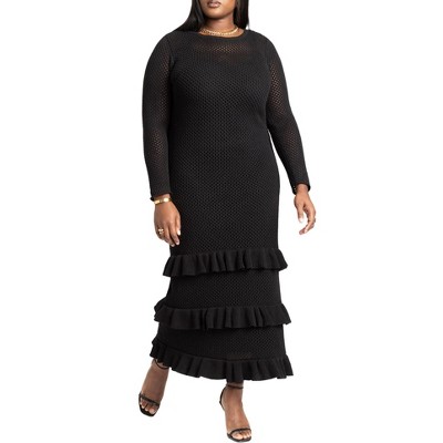 ELOQUII Women's Plus Size Crochet Open Stitch Maxi Dress With Ruffles