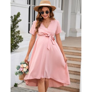 Clearlove Women's Classic V Neck Pleated Short Sleeves Midi Wedding Guest Dress - 1 of 4