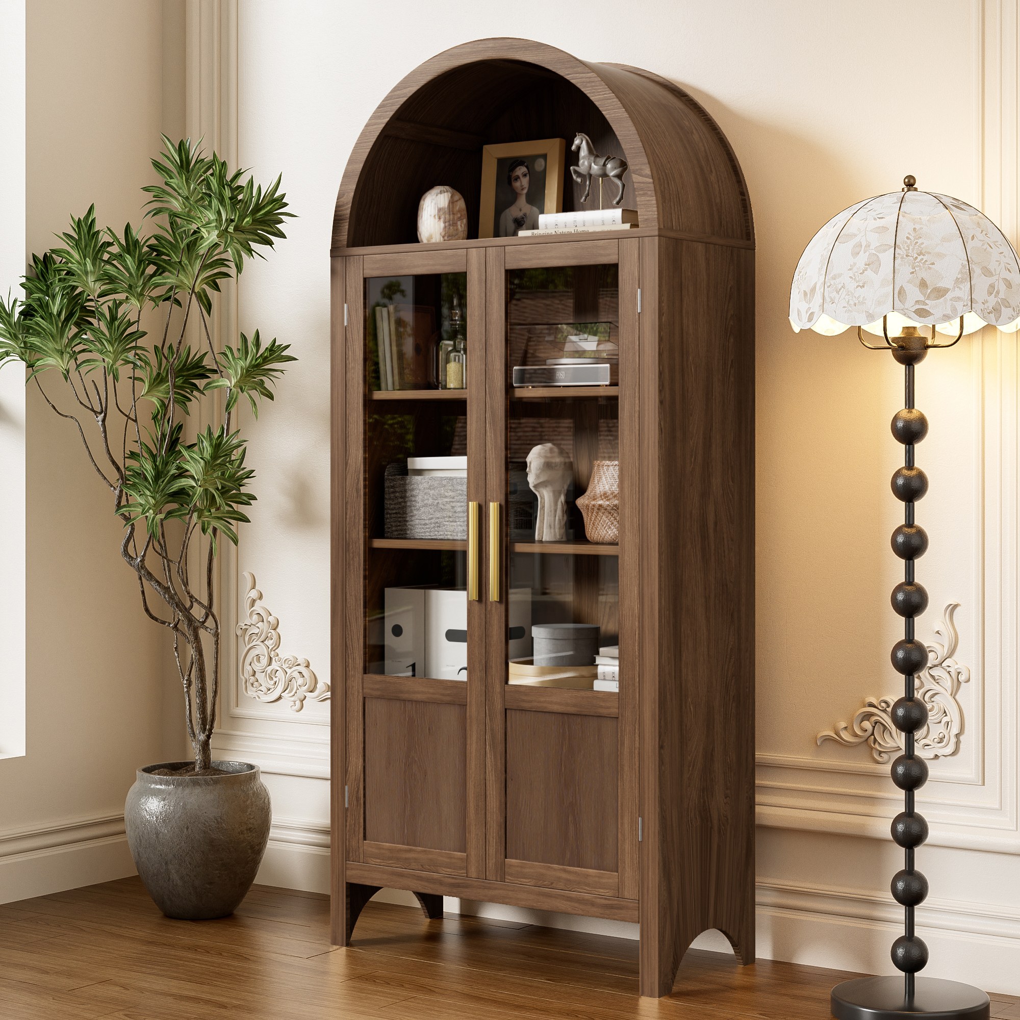 NEWLAYOUT 71" Tall Wooden Cabinet Arched Storage Cabinet with 2 Doors and Shelves for Living Room, Brown