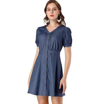 Allegra K Women's Puff Short Sleeve  Button Down V Neck Cotton A-Line Chambray Mini Dress