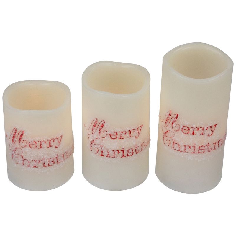 Northlight Set of 3 Frosted White "Merry Christmas" Flameless LED Wax Pillar Candles 6", 4 of 8