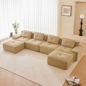 153" Modern U-Shaped Modular Sectional Sofa for Living Room, Corduroy Fabric,4-Seater Couch with Deep Seat and 2-Movable Ottoman, Camel - 1 of 4