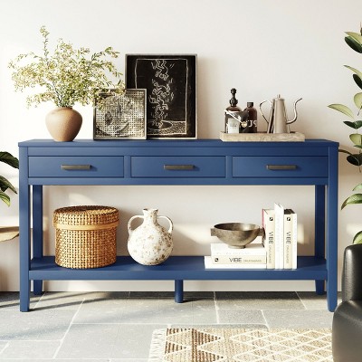 59" Farmhouse Console Table with 3 Drawers,Bottom Shelf & Iron Handles for Entryway,Living Room,Hallway-Baofuwish