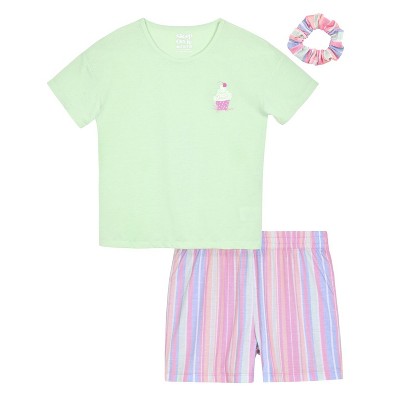 Sleep On It Girls 2-Piece Short-Sleeve Jersey Pajama Shorts Set with Matching Hair Scrunchie