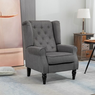 Dark Gray Button-Tufted Wingback Accent Chair with Wood Legs