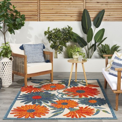 Ivory Multicolor Floral Synthetic Rectangular Indoor/Outdoor Rug 3'6" x 5'6"