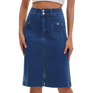 INSPIRE CHIC Women's Denim Pockets High Waisted Front Slit Stretch Sheath Midi Jean Skirts - 1 of 4