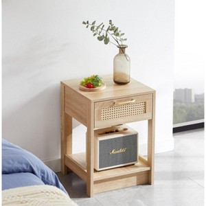 KTMBDW 2 Tier End Table, Rattan Side Table with Solid Wood Legs, Boho Bedside Table with Drawer and Storage Shelf, Nightstand for Bedroom - 1 of 4