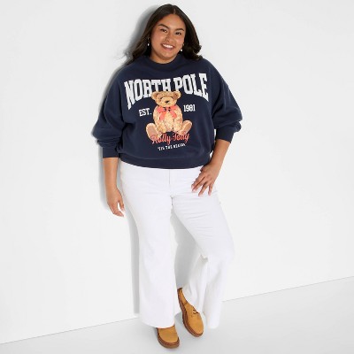Women's North Pole Teddy Bear Graphic Sweatshirt - Navy Blue