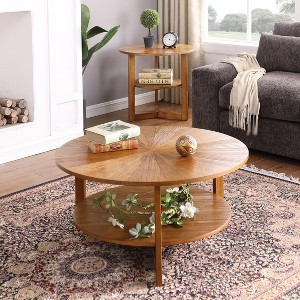 EHMKNP Solid Wood Round Coffee Table with Storage Shelf - 1 of 4