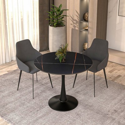 Bristol 35" Round Black Sintered Stone Dining Table with Steel Base