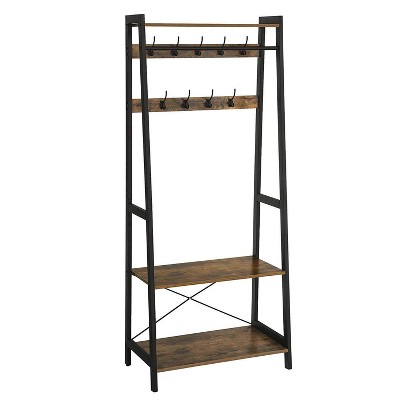 Iron Framed Coat Rack with Two Storage Shelves and Hanging Rail Brown/Black - Benzara