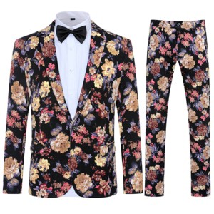 Cloudstyle Mens 2 Piece Suit Notched Lapel Sport Coat Floral One Button Slim Fit Tweed Suit - 1 of 4