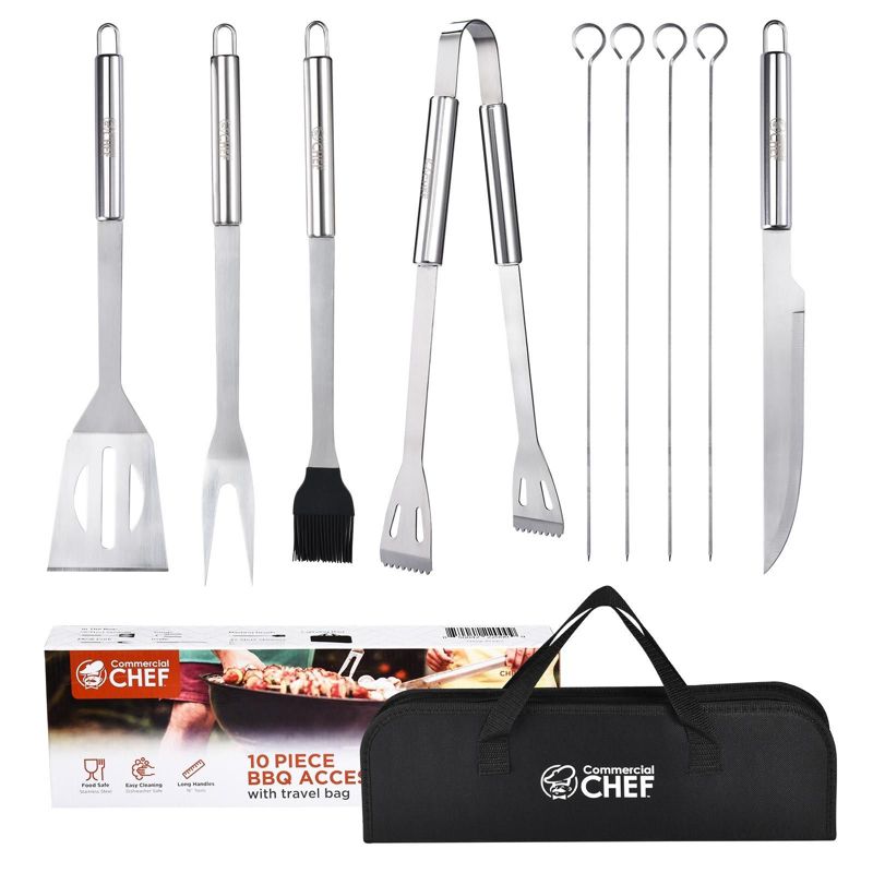 Commercial Chef 10 Piece Stainless Steel Barbeque Grill Accessories Tool Set with Carry Bag, 1 of 8
