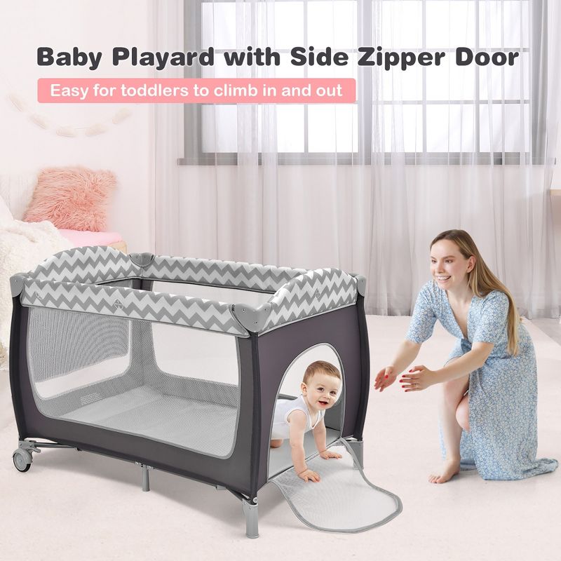 Babyjoy 3 in 1 Baby Playard Portable Infant Nursery Center w/ Zippered Door Pink/Grey/Pink & White/Green, 5 of 11