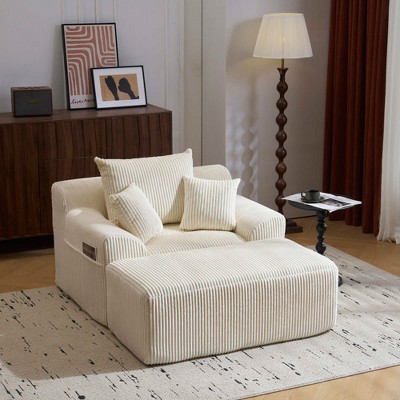 Oversized Corduroy Armchair Chaise Lounge with Ottoman and Pillows for Living Room and Bedroom