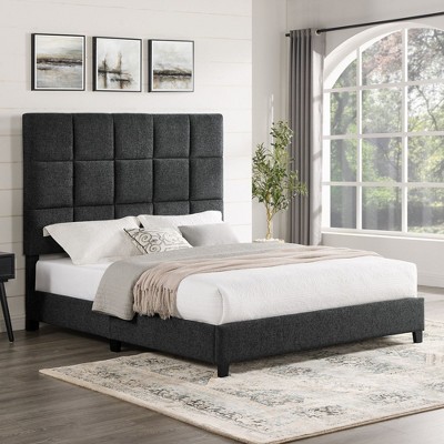 NicBex Modern Queen/King Upholstered Platform Bed Frame with Square Tufted Headboard,Solid Wood Slats Support,Box Spring Needed,Easy Assembly