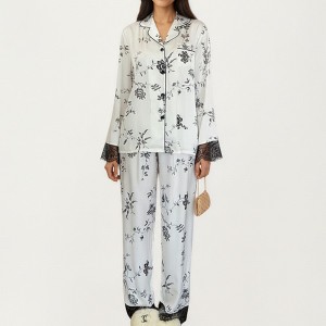 Anna-Kaci Lounge Women's Satin Pajama Set with Floral Print and Lace Trim Cuffs and Hem - 1 of 4