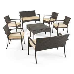 GDFStudio Warner Outdoor Wicker 8 Seater Chat Set with Cushion, Multibrown/Dark Cream - 1 of 4