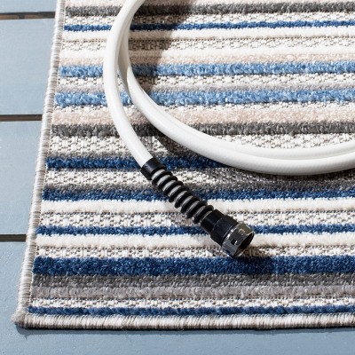 Grey and Blue Geometric Striped Indoor/Outdoor Runner Rug