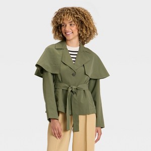 Women's Short Cape Trench - A New Day™ Olive - 1 of 3