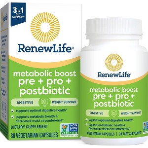 Renew Life Metabolic Boost Pre + Pro + Postbiotic; Prebiotics, Probiotics and Postbiotics Support Optimal DigestiveHealth, 30 Veg. Capsules* - 1 of 4