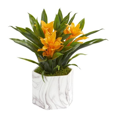 Nearly Natural 11-in Bromeliad Artificial Plant in Marble Finished Vase
