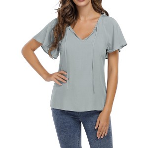 Women Blouse Short Sleeve Ruffle Sleeve Drawstring Casual Women Top - 1 of 4