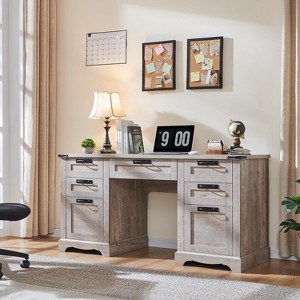 Executive Desk with Drawers, 60" Farmhouse Office Desk with Charging & File Drawer, Wood Home Writing Work Desk - 1 of 4