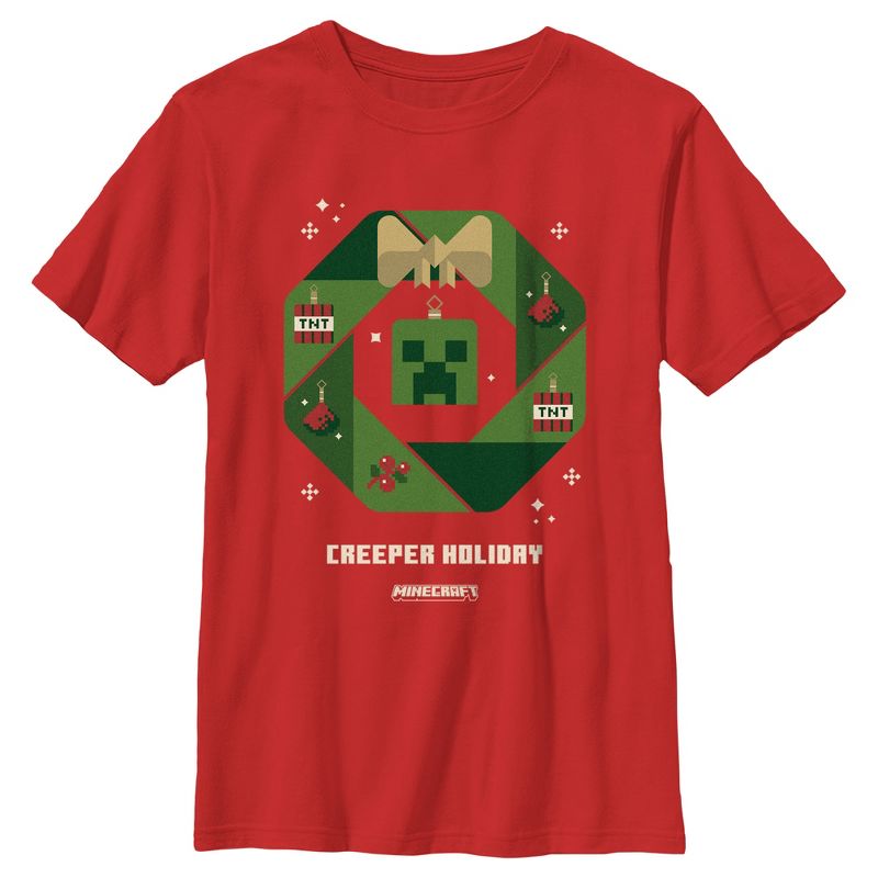 Boy's Minecraft Creeper Holiday Wreath T-Shirt, 1 of 5