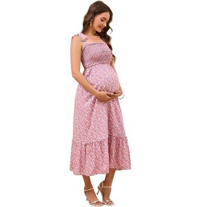 Womens Maternity Smocked Summer Casual Boho Dress Spaghetti Strap Square Neck Sleeveless Maxi Dress Baby Shower Photoshoot - 1 of 4