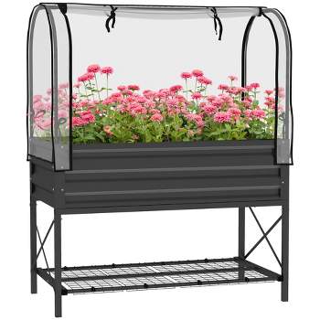 Outsunny Raised Garden Bed with Cover and Storage Shelf, Rectangular Metal Elevated Planter Box with Legs and Bed Liner