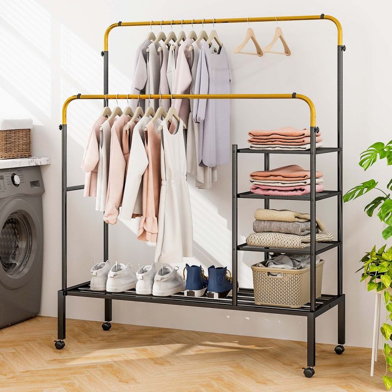 Costway Rolling Clothes Drying Rack Double Rods Garment Rack with Height Adjustables Gold/Silver, 2 of 11