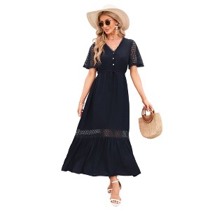 Womens 2025 Summer Lace Lotus Leaf Short Sleeve Maxi Dress V Neck Long Flowy Dresses - 1 of 4