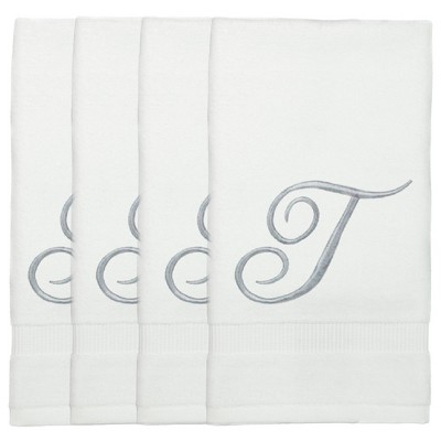 BC BARE COTTON Monogrammed Fingertip Towels, Personalized Gift, 11 x 18 Inches - Set of 4 - White - Silver Script