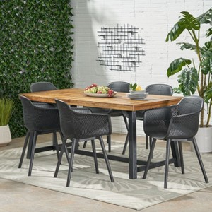 Christopher Knight Home Catalopa Outdoor Acacia Wood and Resin 7 Piece Dining Set, Black/Teak - 1 of 4