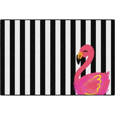 Flagship Carpets School Girl Style Simply Stylish Tropical Black and White Stripes Flamingo Classroom Area Rug