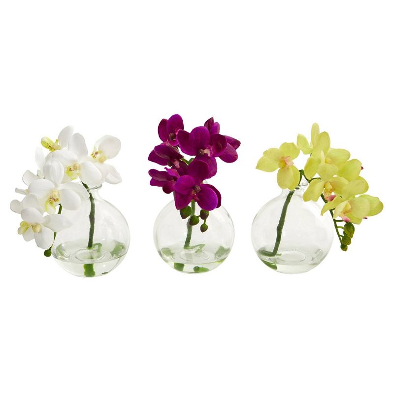 9&#34; 3pc Artificial Phalaenopsis Orchid Arrangement in Glass Vase Purple/White/Yellow - Nearly Natural, 1 of 5