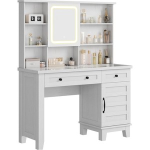 Makeup Vanity Desk, with Mirror and Lights, 42" Glass Top Vanity Table, Upholstered Stool, Drawers, Cabinet & Open Shelves, 2 Storage Drawers - 1 of 4