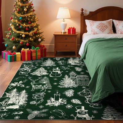 Washable Christmas Stain-Resistant Foldable Low Pile Floor Mats Xmas Printed Carpets Soft Non Shedding Rugs