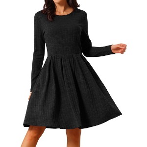INSPIRE CHIC Women's Long Sleeve Round Neck A-Line Swing Knee Length Dress with Pockets - 1 of 4
