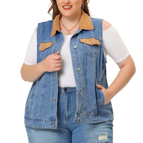 Agnes Orinda Plus Size Denim Jackets For Women Button Front Work Washed  Rolled Sleeves Cropped Jean Jacket : Target