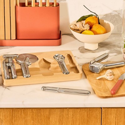 Stainless Steel 6-Piece Kitchen Gadget Set with Birch Organizer