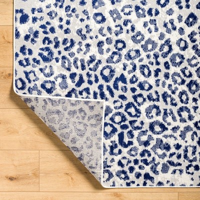 Alem Navy and White Synthetic Fur Leopard Print Area Rug