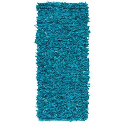 Hand-Knotted Light Blue Leather Shag Runner Rug