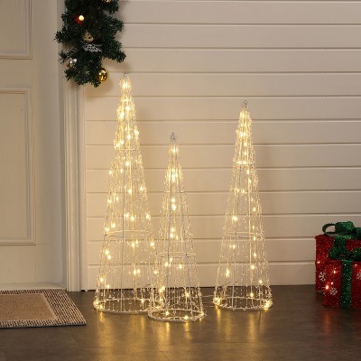 Gold Lighted Metal Cone Trees Set for Indoor and Outdoor Holiday Decoration