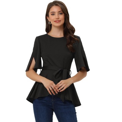 Allegra K Women's Split Half Sleeve Crew Neck Belted Casual Peplum ...